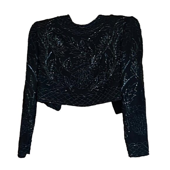 Shalini Black Embellished Beaded Silk Cocktail Sleeveless Dress & Jacket Medium - Picture 4 of 6